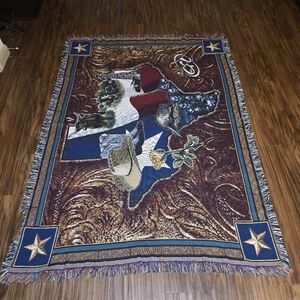 64"×49" Texas Themed Woven Tapestry Blanket Throw Wt Fray Distressed Edges